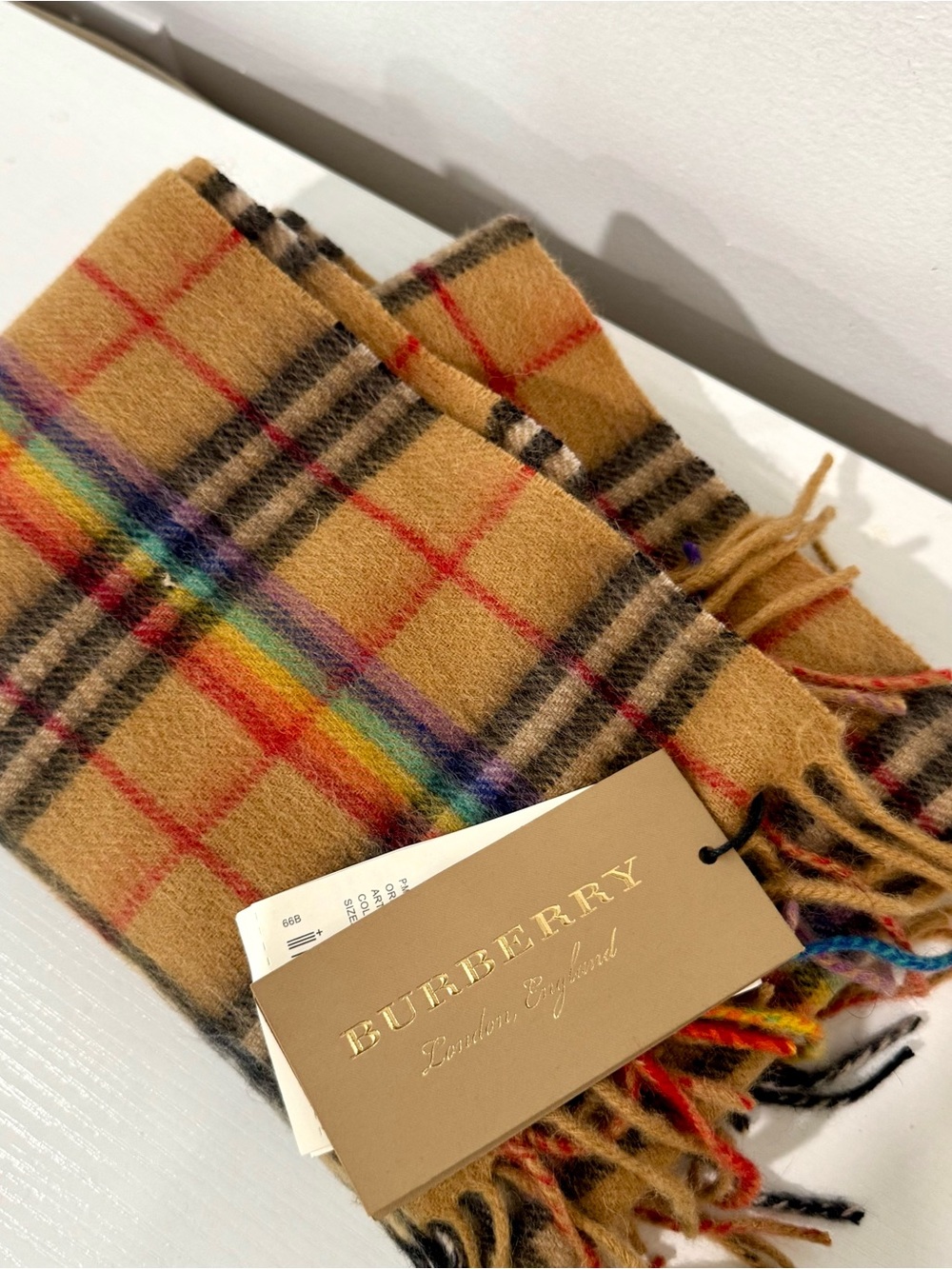 Burberry NWT Rainbow Check 100% Cashmere Scarf Made in Scotland MSRP $500+ - Picture 2 of 10